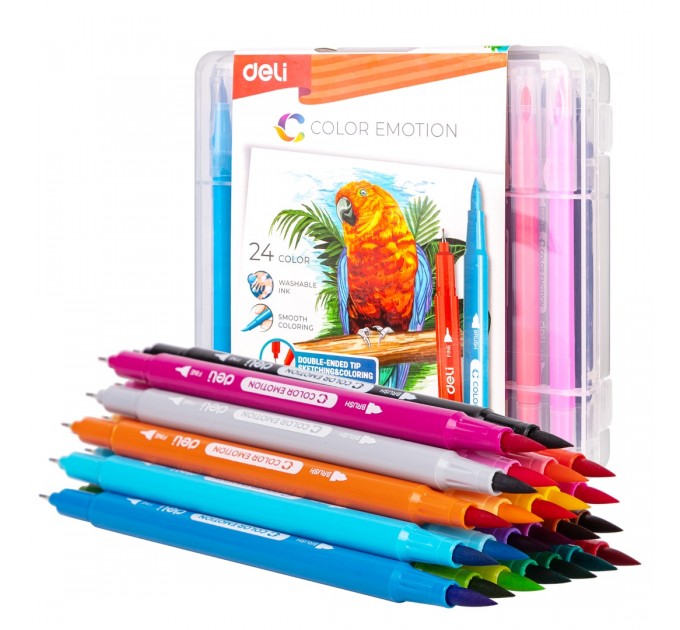 Фломастеры Deli «Color Emotion», 24 цвета, двусторонние, в пластиковом пенале С151-24