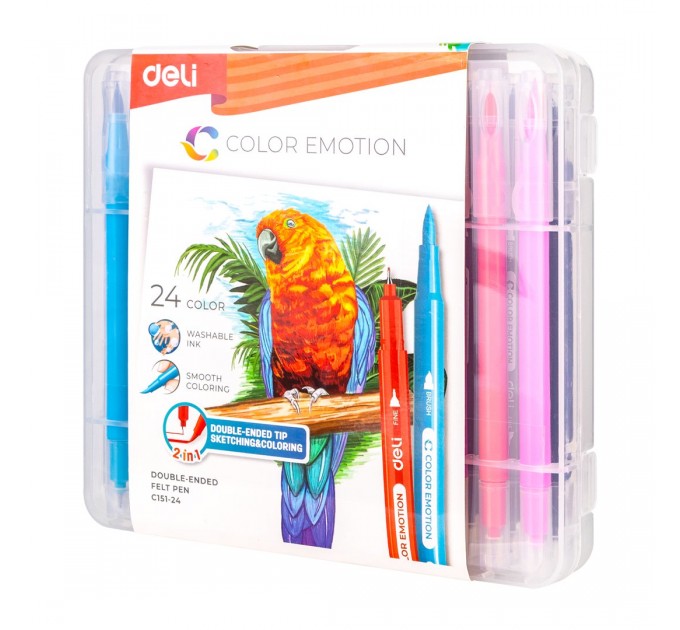 Фломастеры Deli «Color Emotion», 24 цвета, двусторонние, в пластиковом пенале С151-24