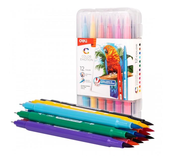 Фломастеры Deli «Color Emotion», 12 цветов, двусторонние, в пластиковом пенале С151-12