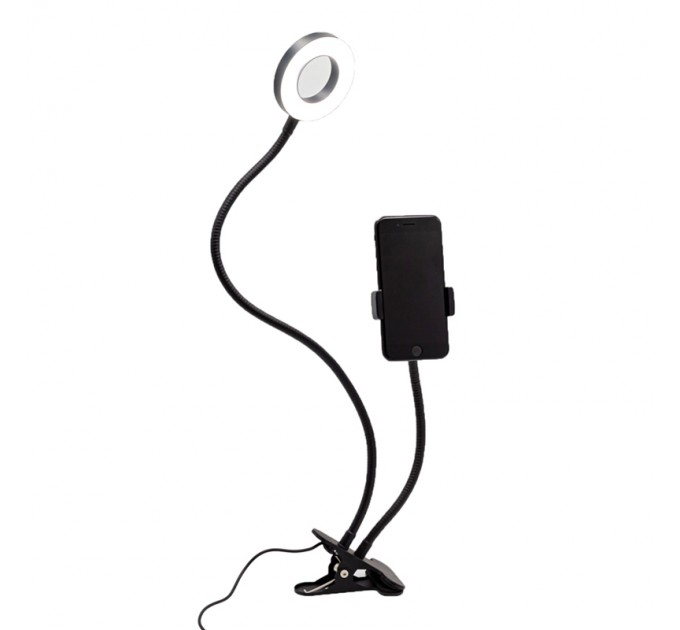 Светильник настольный кольцевой, 12 W, LED, Диммирование 10 уровней, гибкая стойка, прищепка, USB-п TL-604B